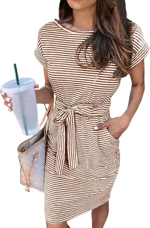 Striped Tshirt Dress Women Tie Strap Front T Shirt Dress with Pockets Summer Crew Neck Short Sleeve Knee Length Dresses