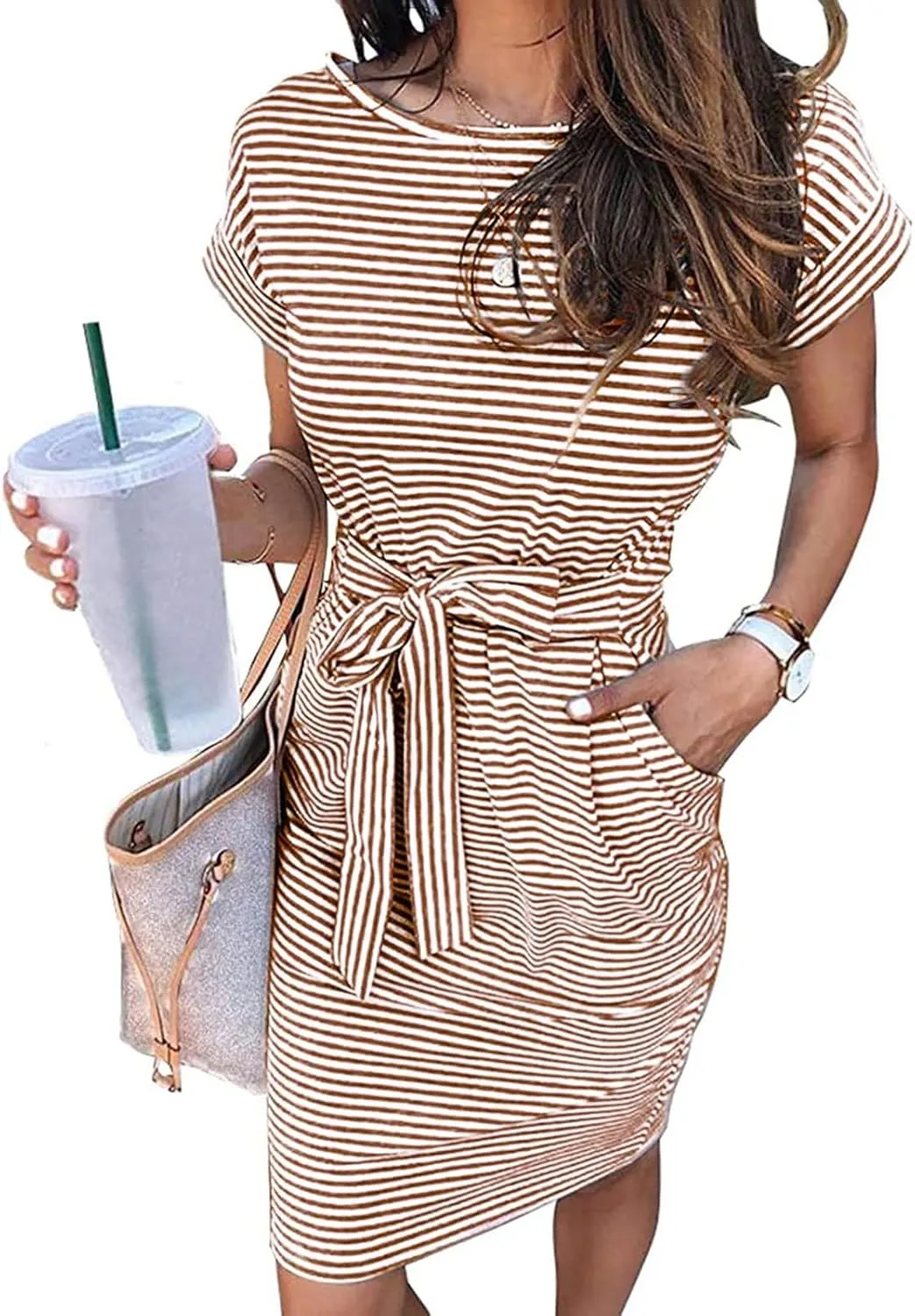 Striped Tshirt Dress Women Tie Strap Front T Shirt Dress with Pockets Summer Crew Neck Short Sleeve Knee Length Dresses