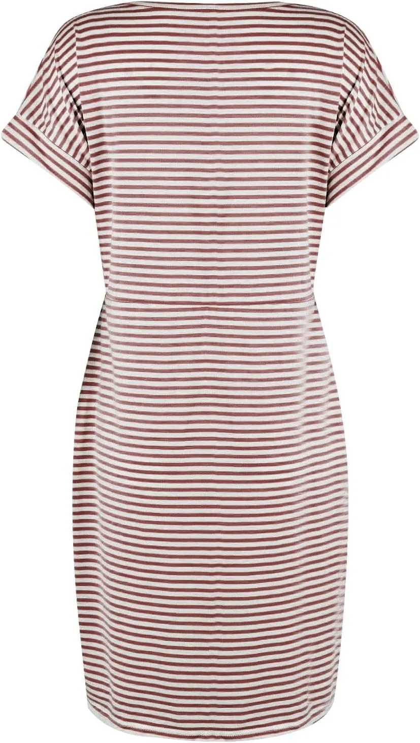 Striped Tshirt Dress Women Tie Strap Front T Shirt Dress with Pockets Summer Crew Neck Short Sleeve Knee Length Dresses