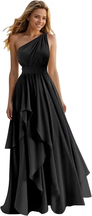 Sukleet One Shoulder Bridesmaid Dresses Long for Women Ruffles Chiffon A Line Formal Wedding Guest Dress
