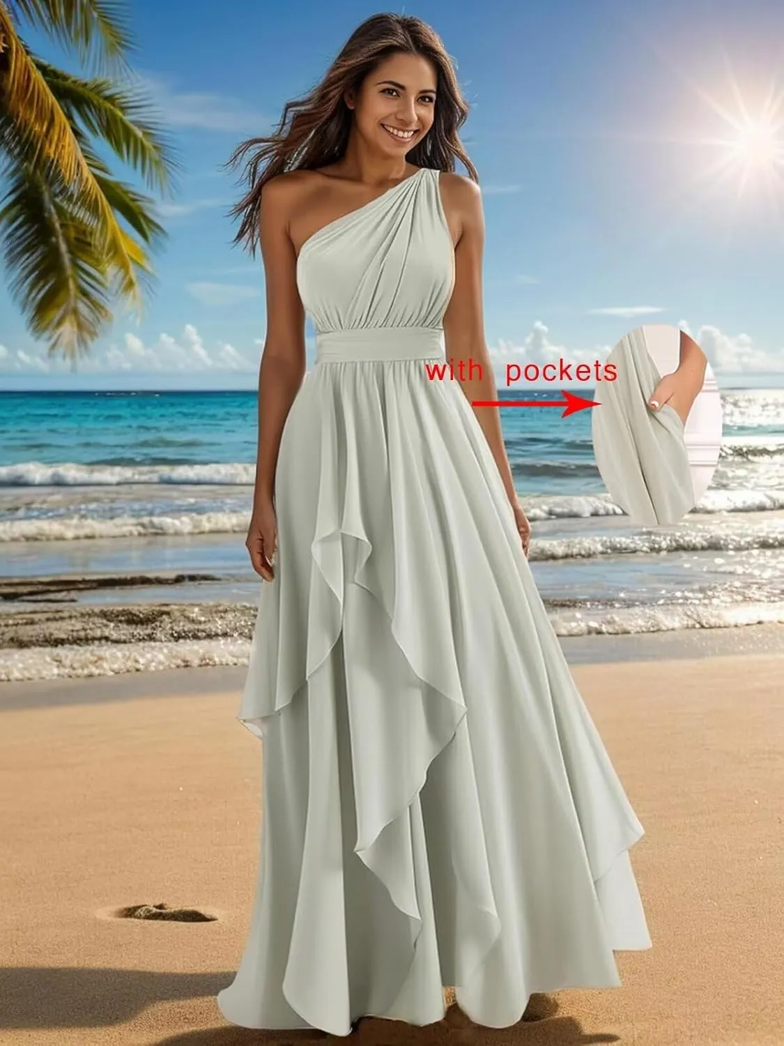 Sukleet One Shoulder Bridesmaid Dresses Long for Women Ruffles Chiffon A Line Formal Wedding Guest Dress