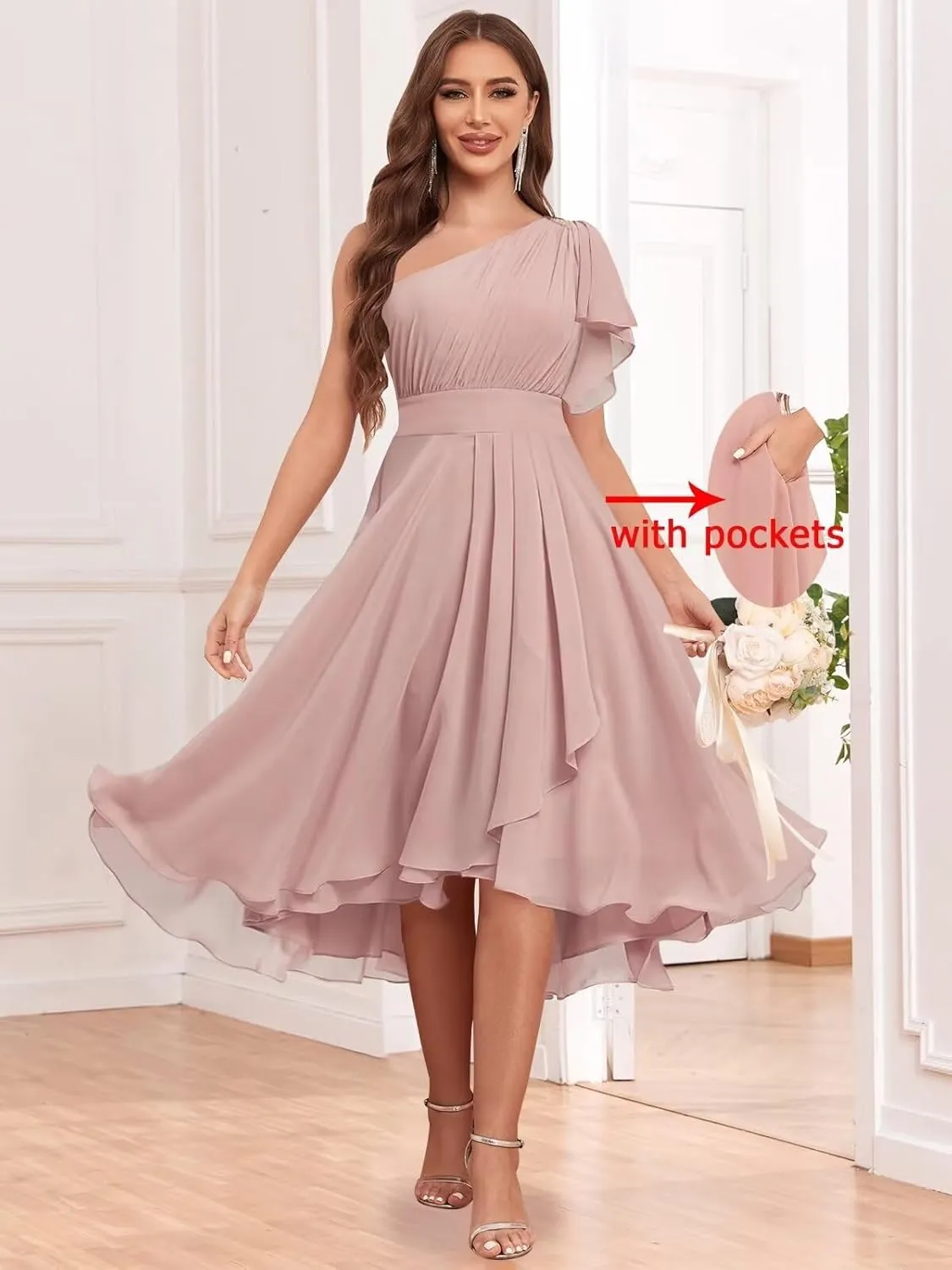 Sukleet Women's Short Bridesmaid Dresses with Pockets Ruffles Chiffon One Shoulder Cocktail Party Dress