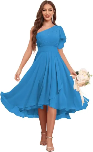 Sukleet Women's Short Bridesmaid Dresses with Pockets Ruffles Chiffon One Shoulder Cocktail Party Dress