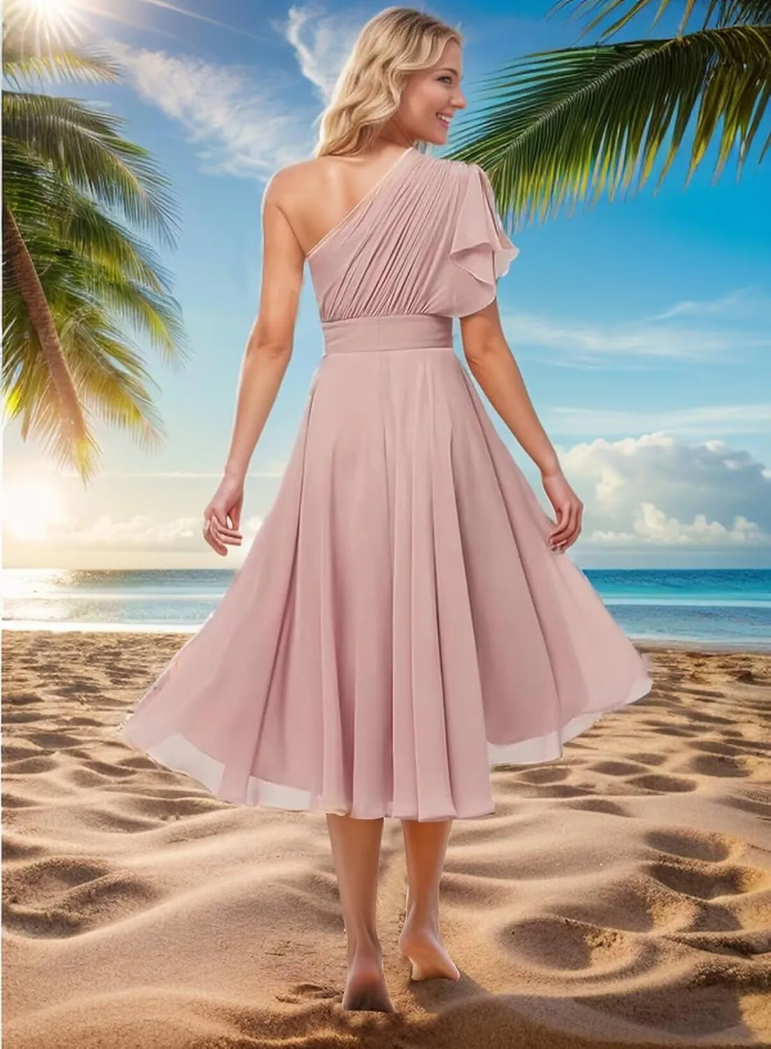Sukleet Women's Short Bridesmaid Dresses with Pockets Ruffles Chiffon One Shoulder Cocktail Party Dress