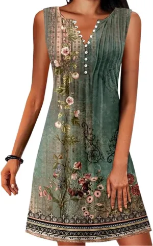 Summer Beach Dresses for Women Casual Sleeveless V Neck Boho Floral Dress Button Down Mini Sundress