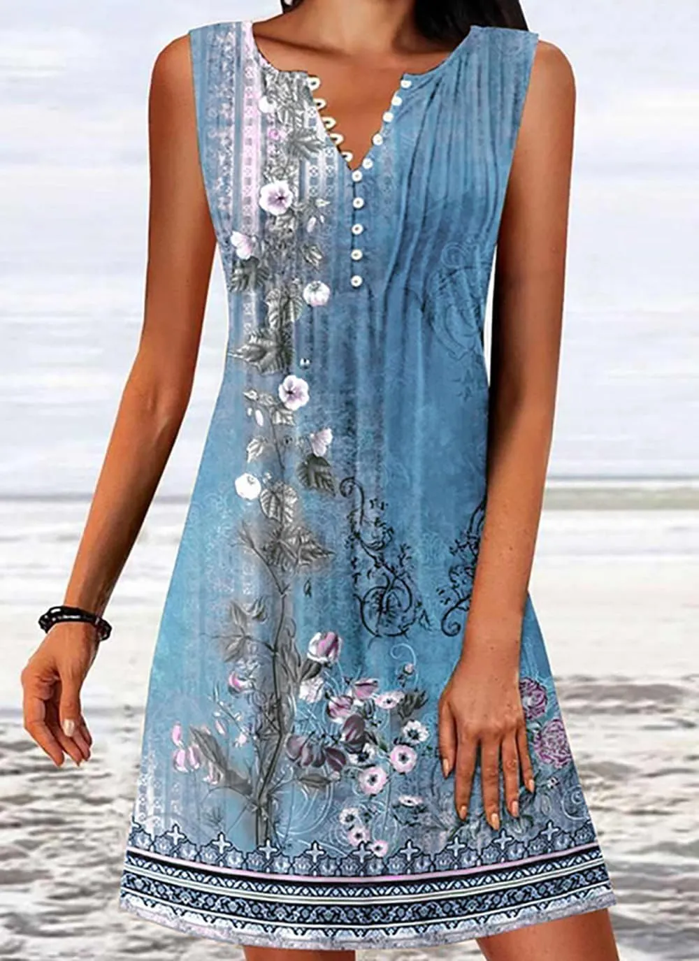 Summer Beach Dresses for Women Casual Sleeveless V Neck Boho Floral Dress Button Down Mini Sundress