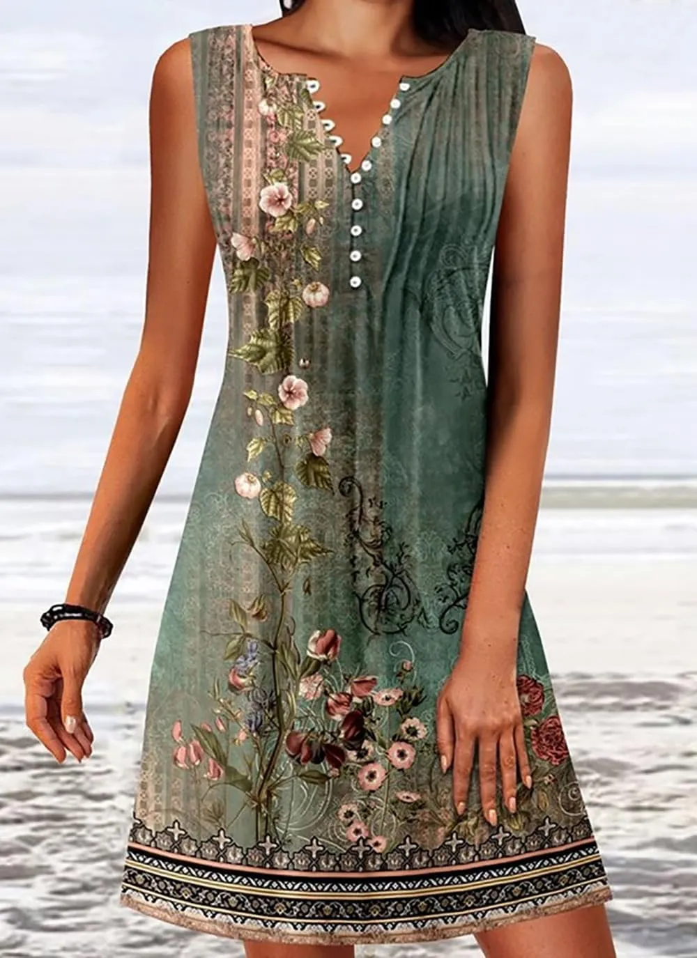Summer Beach Dresses for Women Casual Sleeveless V Neck Boho Floral Dress Button Down Mini Sundress