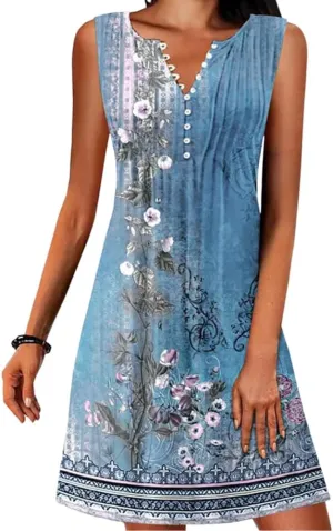 Summer Beach Dresses for Women Casual Sleeveless V Neck Boho Floral Dress Button Down Mini Sundress
