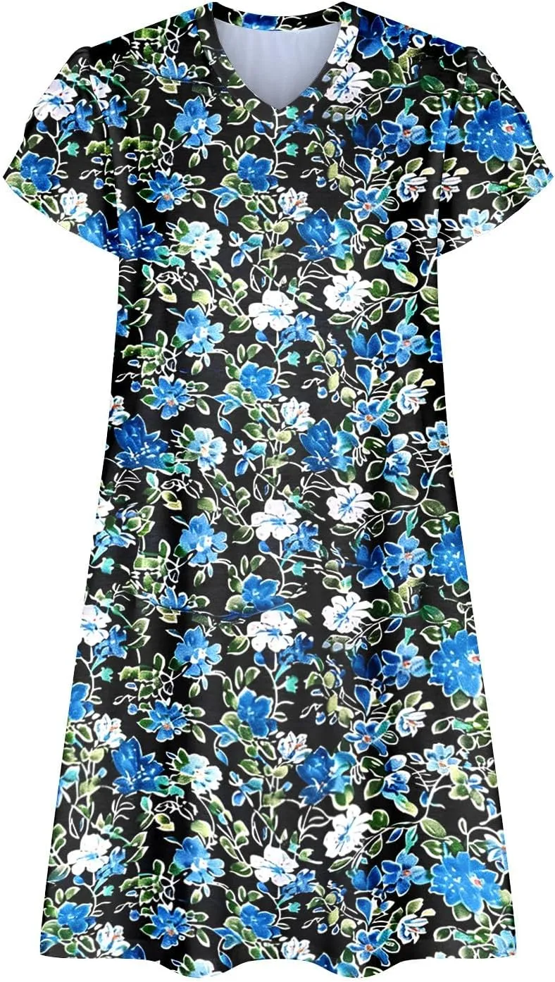 Summer Beach Dresses for Women Short Sleeve Floral Beach Dress V Neck Ruffle Dress Business Casual Outfits
