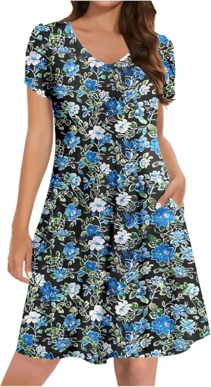Summer Beach Dresses for Women Short Sleeve Floral Beach Dress V Neck Ruffle Dress Business Casual Outfits