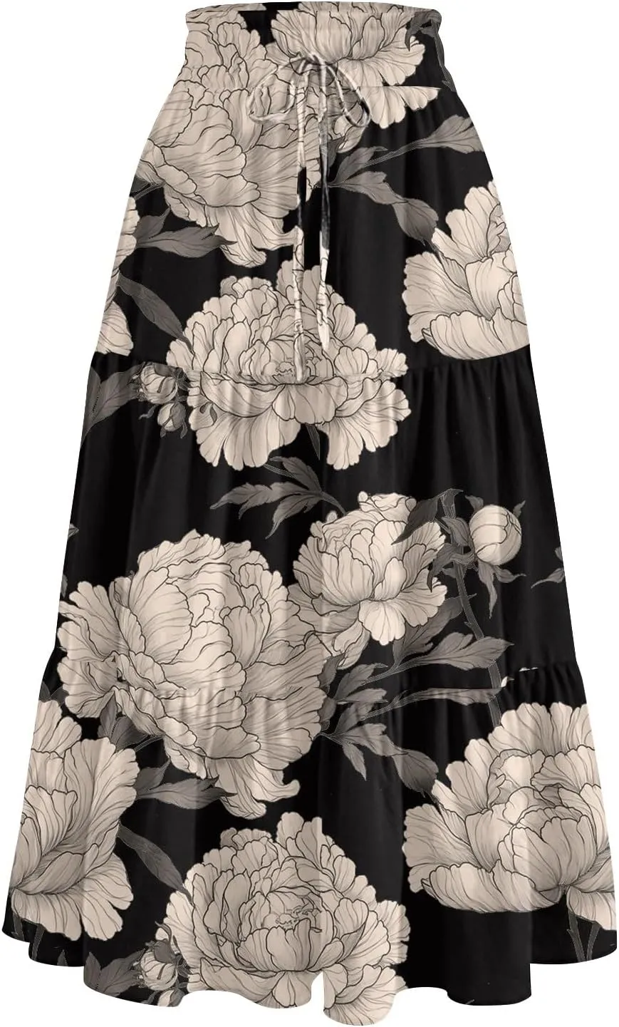 Summer Boho Floral Midi Skirt for Women Comfy Tiered Elastic High Waisted Vacation A-Line Flowy Swing Long