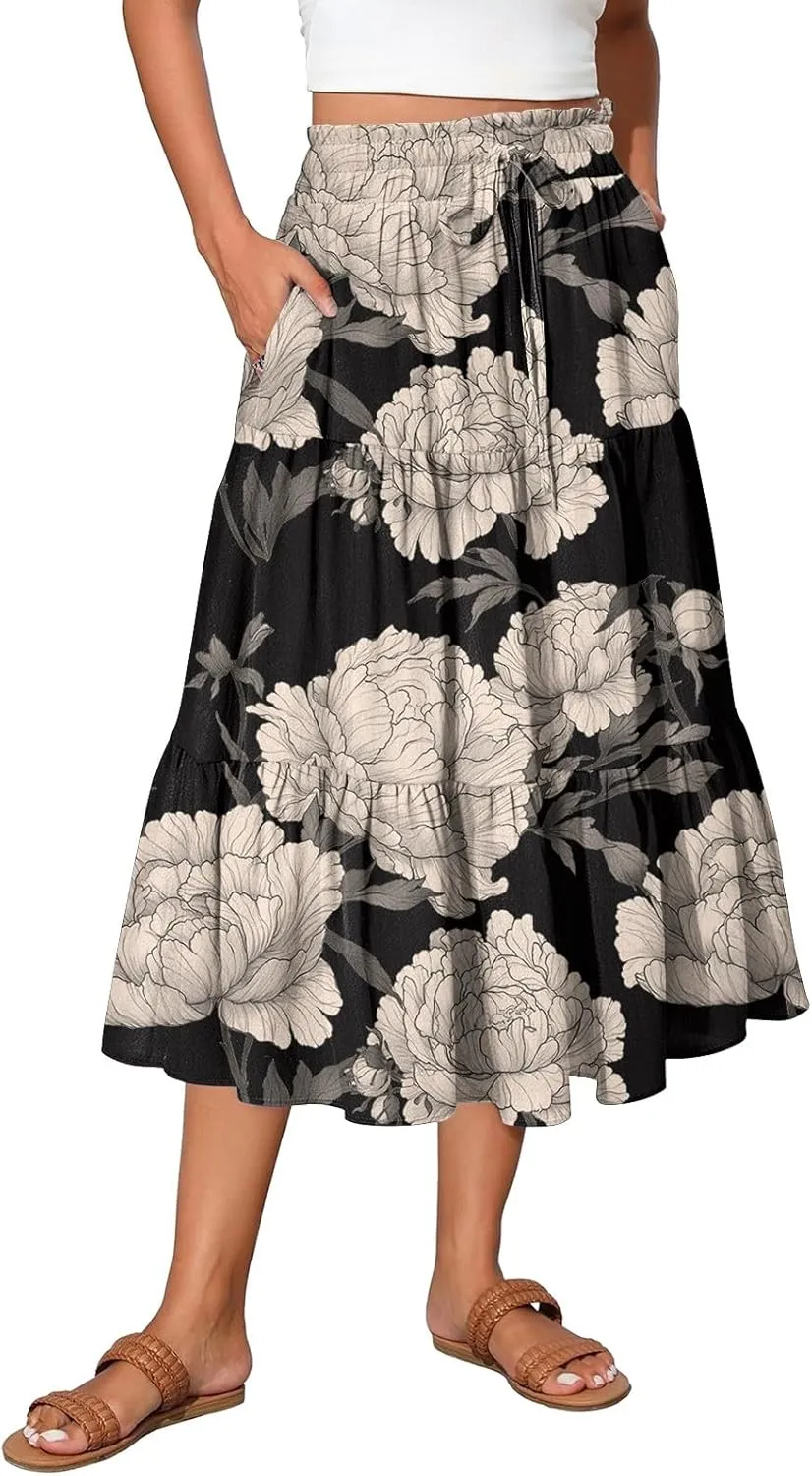 Summer Boho Floral Midi Skirt for Women Comfy Tiered Elastic High Waisted Vacation A-Line Flowy Swing Long
