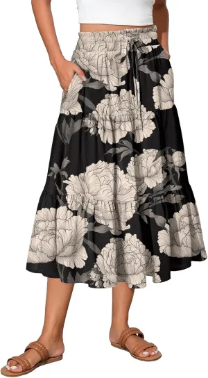Summer Boho Floral Midi Skirt for Women Comfy Tiered Elastic High Waisted Vacation A-Line Flowy Swing Long