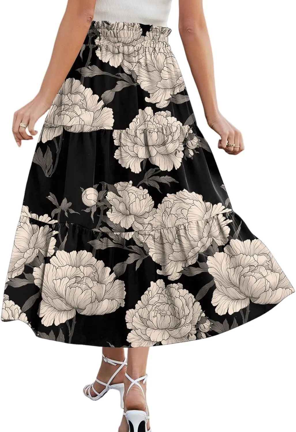 Summer Boho Floral Midi Skirt for Women Comfy Tiered Elastic High Waisted Vacation A-Line Flowy Swing Long