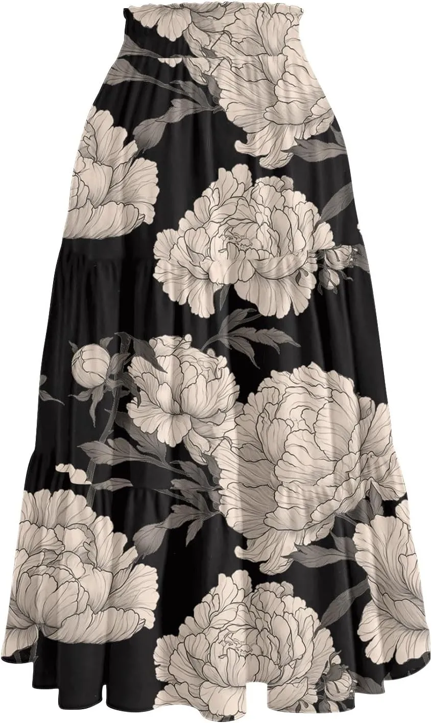 Summer Boho Floral Midi Skirt for Women Comfy Tiered Elastic High Waisted Vacation A-Line Flowy Swing Long