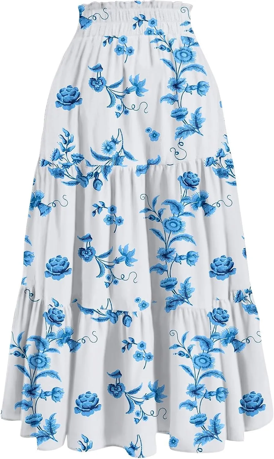 Summer Boho Maxi Skirt Floral Casual Drawstring Elastic High Waist Long Skirts A Line Pleated Tiered Going Out Skirts