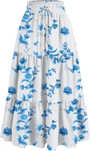 Summer Boho Maxi Skirt Floral Casual Drawstring Elastic High Waist Long Skirts A Line Pleated Tiered Going Out Skirts