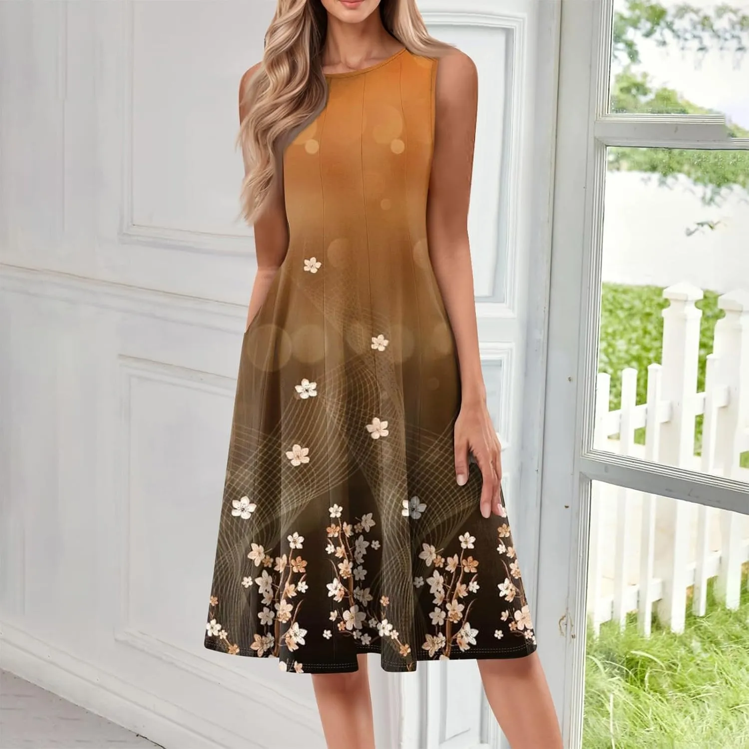 Summer Casual Dresses for Women Solid/Floral Print Sleeveless Midi Dress Swing Tank Sundress Crewneck Pleated Tshirt Dress