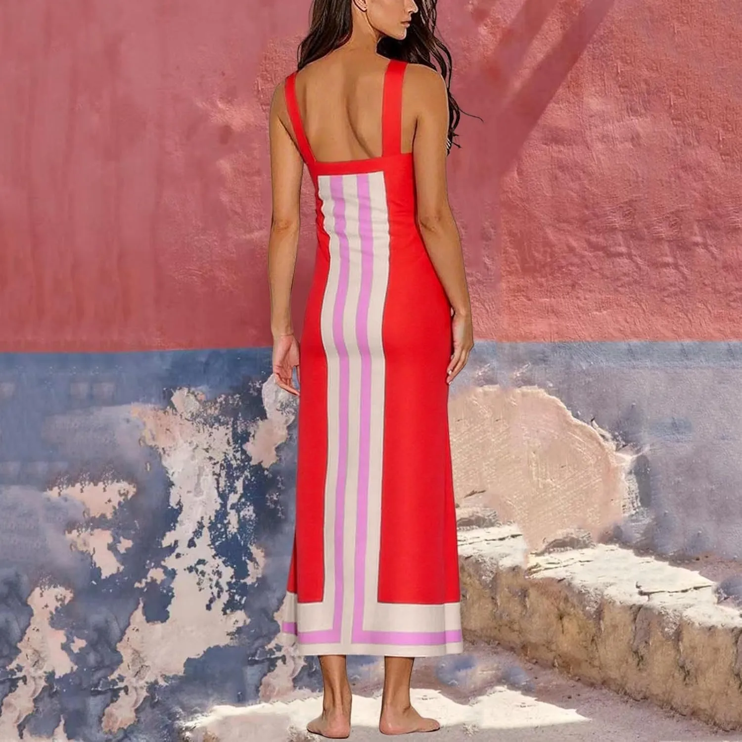 Summer Color Blocks Dresses for Women Spaghetti Straps Baggy Midi Dress Sleeveless Casual Trendy Vacation Beach Dress