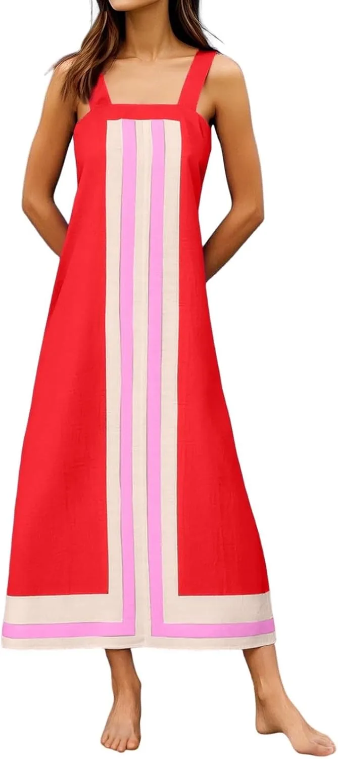 Summer Color Blocks Dresses for Women Spaghetti Straps Baggy Midi Dress Sleeveless Casual Trendy Vacation Beach Dress