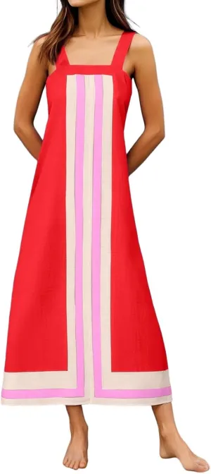 Summer Color Blocks Dresses for Women Spaghetti Straps Baggy Midi Dress Sleeveless Casual Trendy Vacation Beach Dress