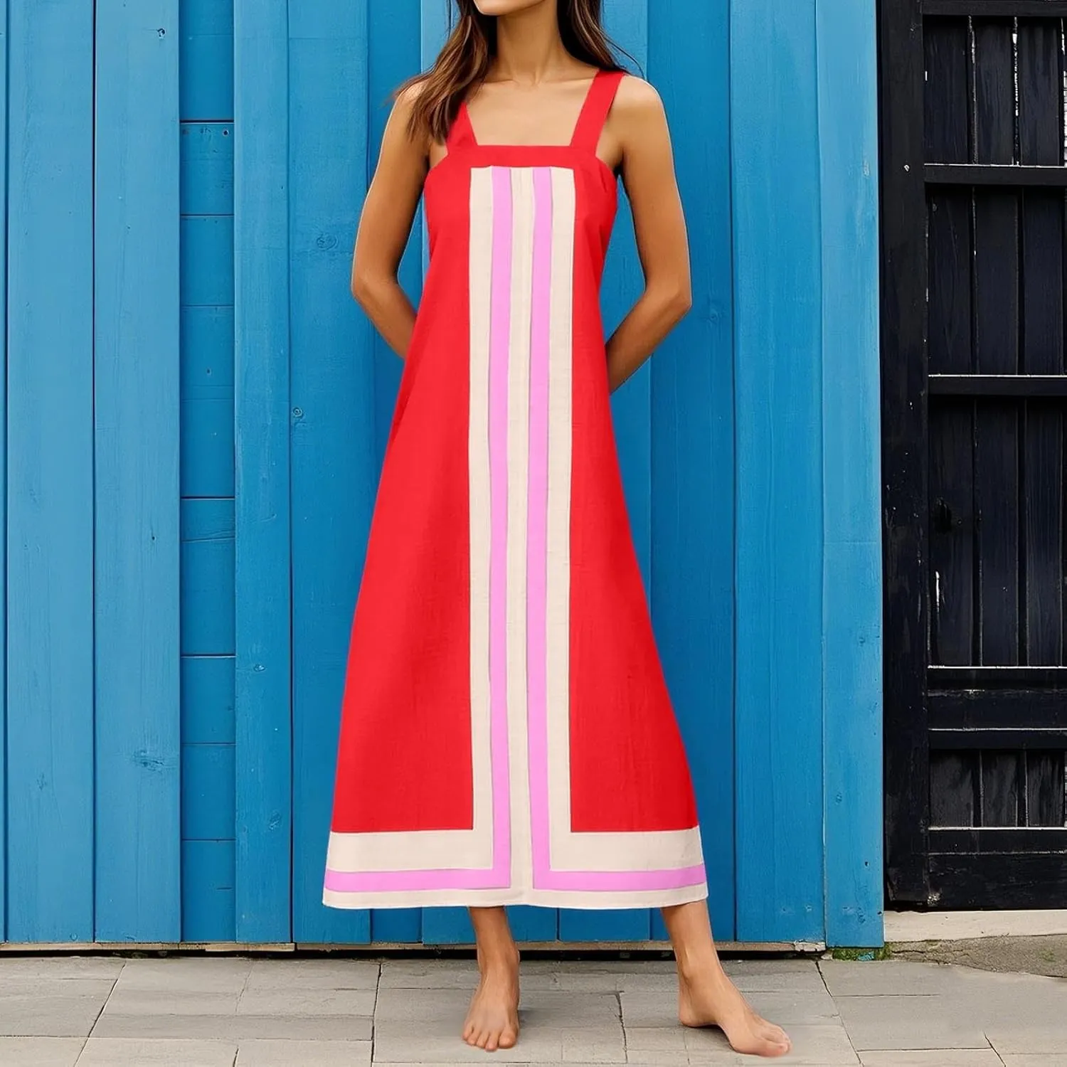 Summer Color Blocks Dresses for Women Spaghetti Straps Baggy Midi Dress Sleeveless Casual Trendy Vacation Beach Dress