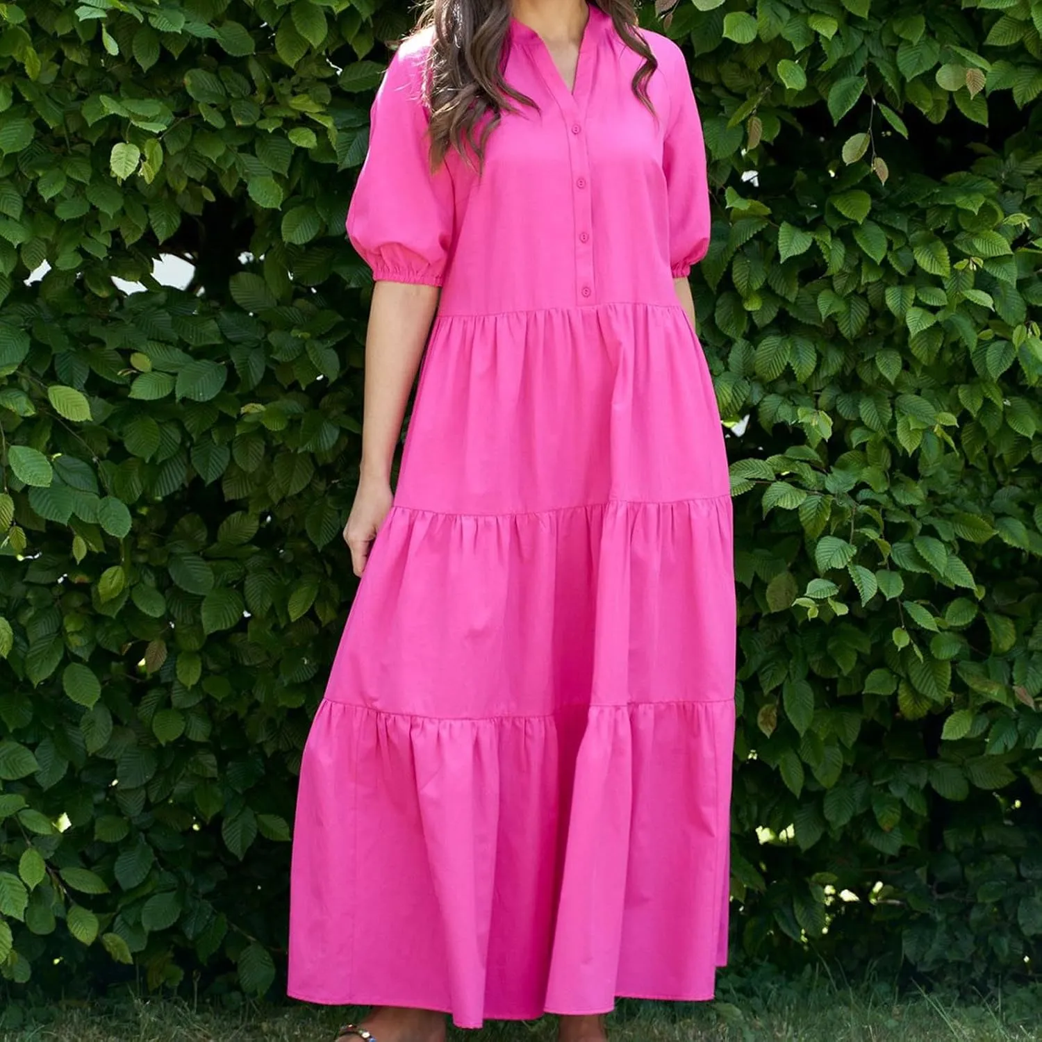 Summer Dress for Women 2024 Casual V Neck Button Shirt Dresses Puff Sleeve Swing Tiered Ruffle Vintage Beach Maxi Dress