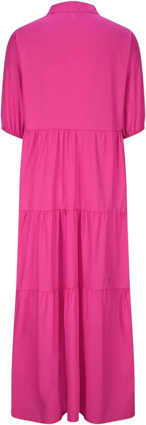 Summer Dress for Women 2024 Casual V Neck Button Shirt Dresses Puff Sleeve Swing Tiered Ruffle Vintage Beach Maxi Dress