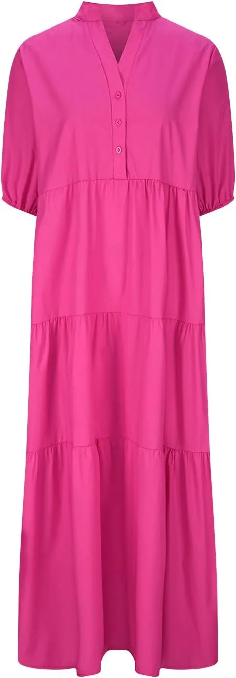 Summer Dress for Women 2024 Casual V Neck Button Shirt Dresses Puff Sleeve Swing Tiered Ruffle Vintage Beach Maxi Dress