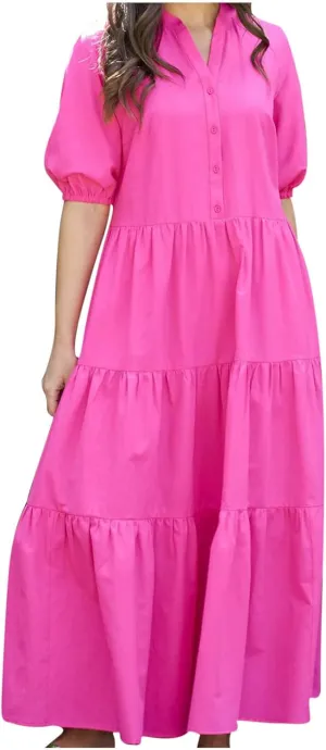 Summer Dress for Women 2024 Casual V Neck Button Shirt Dresses Puff Sleeve Swing Tiered Ruffle Vintage Beach Maxi Dress