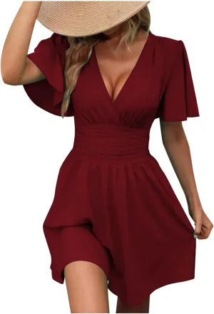 Summer Dress for Women V Neck Ruffle Sleeve Beach Sundress Dating Out Wedding Guest Empire Waist Flowy Mini Dress