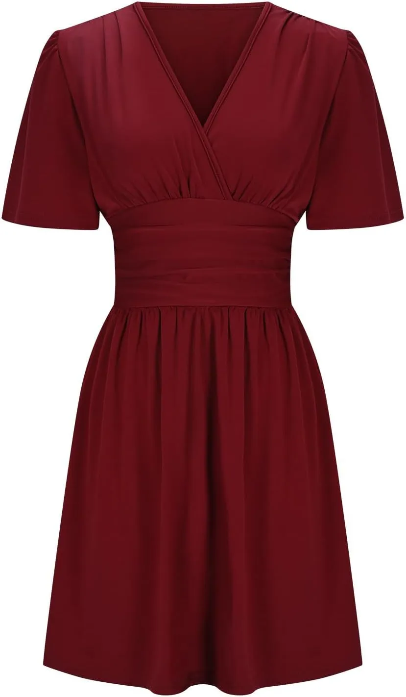 Summer Dress for Women V Neck Ruffle Sleeve Beach Sundress Dating Out Wedding Guest Empire Waist Flowy Mini Dress