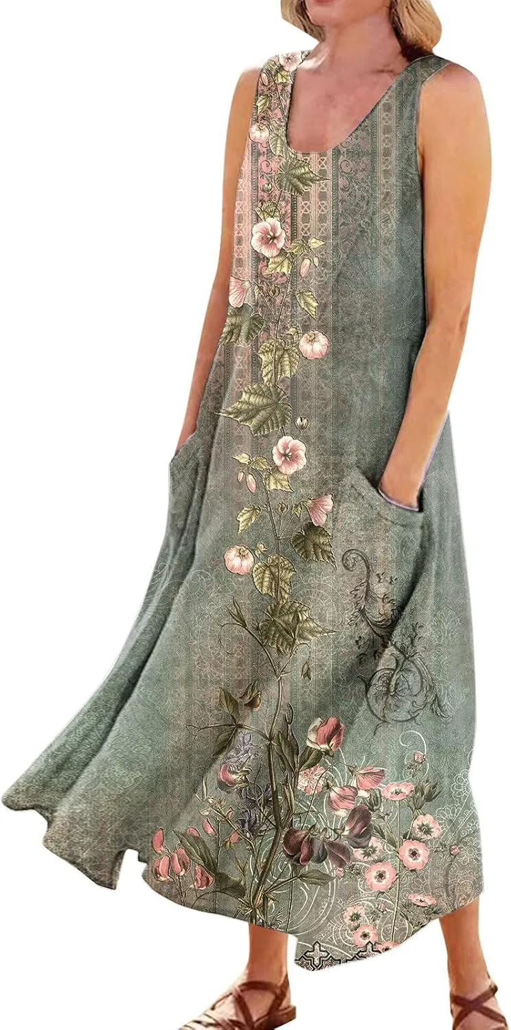 Summer Dresses for Women 2024 Casual Bohemian Solid Color Sleeveless Beach Vacation Sundresses Cotton Linen Dresses Pocket