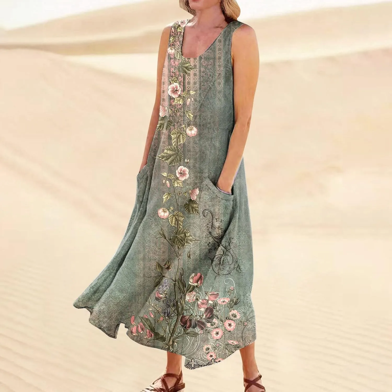 Summer Dresses for Women 2024 Casual Bohemian Solid Color Sleeveless Beach Vacation Sundresses Cotton Linen Dresses Pocket