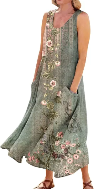 Summer Dresses for Women 2024 Casual Bohemian Solid Color Sleeveless Beach Vacation Sundresses Cotton Linen Dresses Pocket