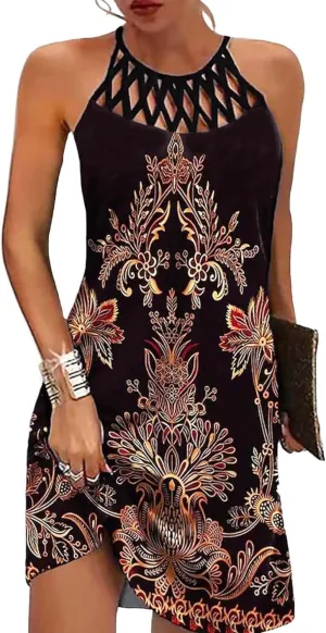 Summer Dresses for Women 2024 Casual Floral Hollow Out Halter Neck A-line Sundresses for Beach Vacation