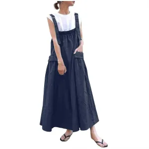 Summer Dresses for Women 2024 Casual Trendy Suspender Loose Retro Long Straps Solid Flowy Skirts with Pockets Y2K Clothes