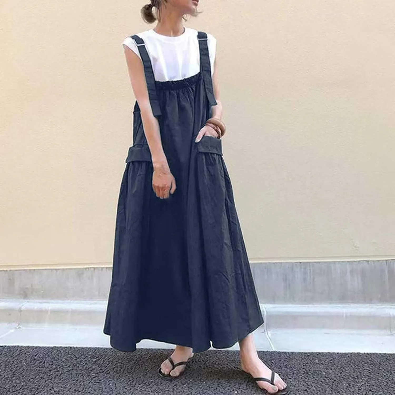 Summer Dresses for Women 2024 Casual Trendy Suspender Loose Retro Long Straps Solid Flowy Skirts with Pockets Y2K Clothes
