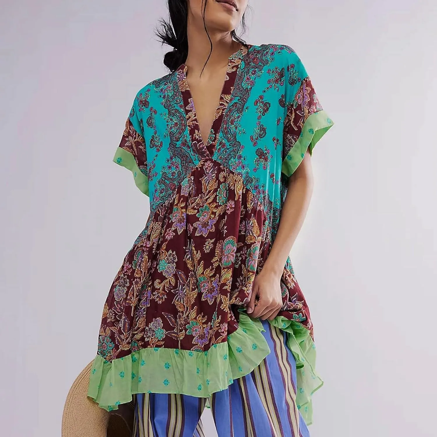 Summer Dresses for Women 2024 Deep V-Neck Casual Hot Shot Mini Dress Boho Cute Floral Babydoll Flowy Sundresses