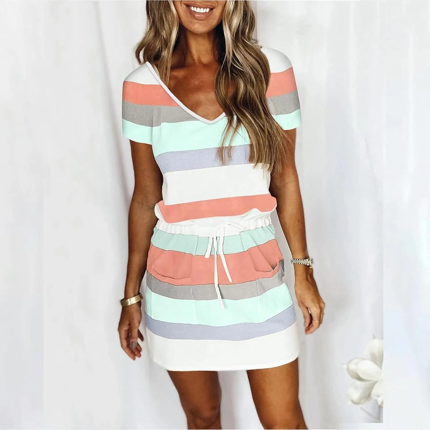 Summer Dresses for Women 2024 Vacation Casual Short Sleeve v Neck Drawstring Mini Dress Striped Tshirt Dress