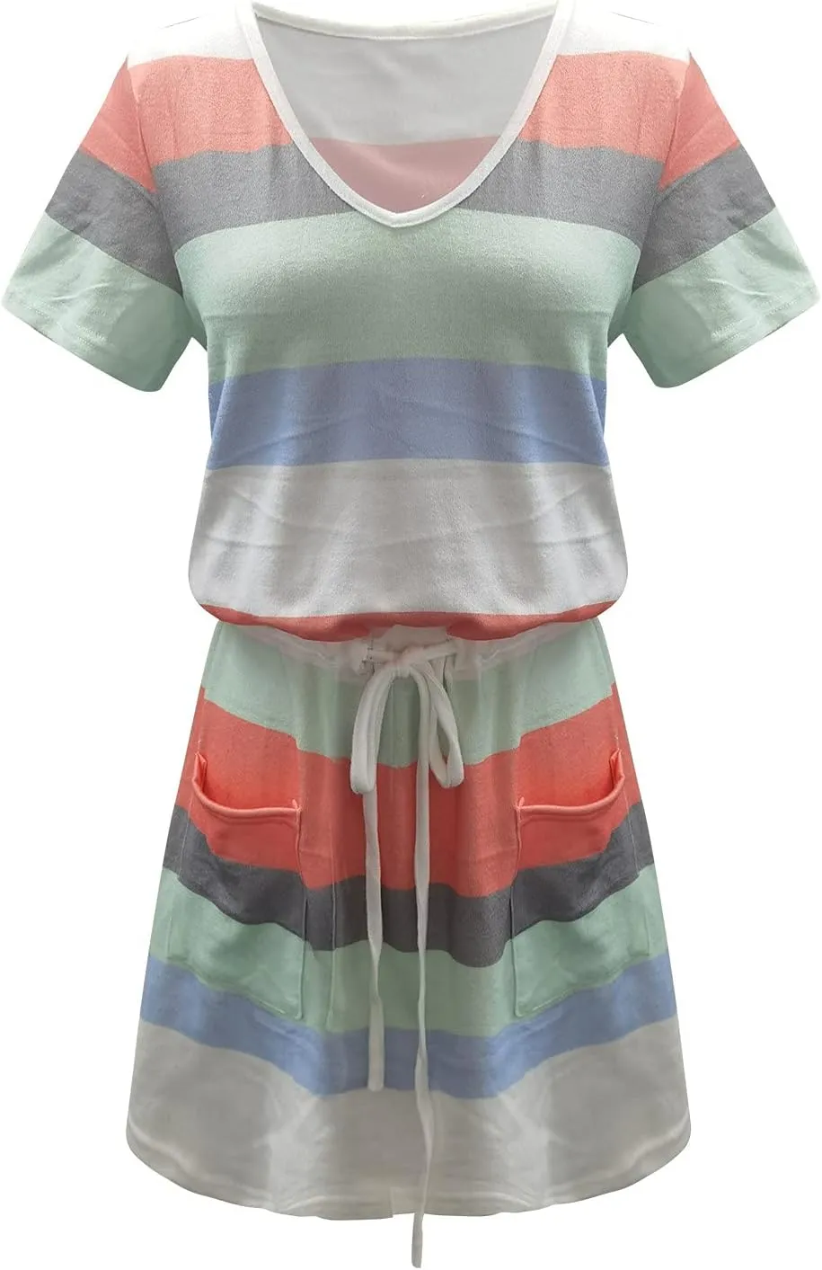 Summer Dresses for Women 2024 Vacation Casual Short Sleeve v Neck Drawstring Mini Dress Striped Tshirt Dress