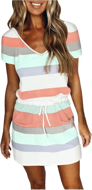Summer Dresses for Women 2024 Vacation Casual Short Sleeve v Neck Drawstring Mini Dress Striped Tshirt Dress