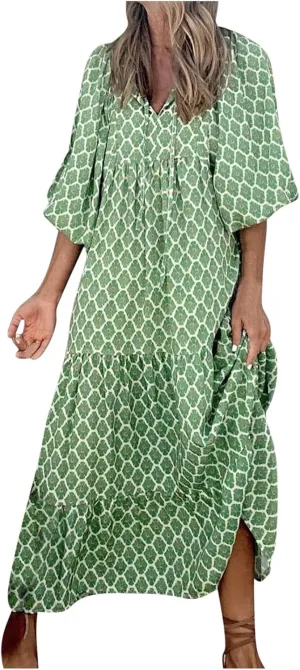 Summer Dresses for Women 2024 Vacation Printted Plus Size Puff Sleeve Dresses Loose fit v Neck Ankle Length Dresses