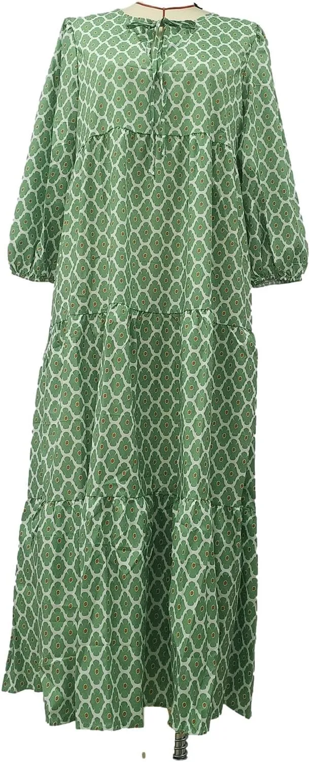 Summer Dresses for Women 2024 Vacation Printted Plus Size Puff Sleeve Dresses Loose fit v Neck Ankle Length Dresses