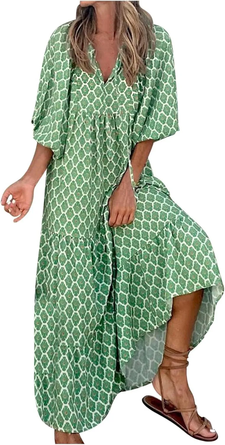 Summer Dresses for Women 2024 Vacation Printted Plus Size Puff Sleeve Dresses Loose fit v Neck Ankle Length Dresses