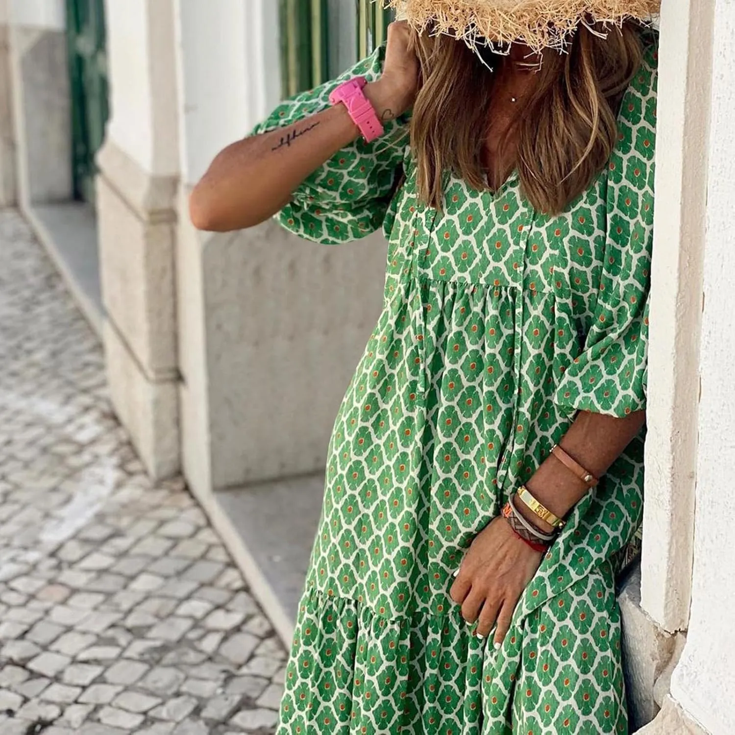 Summer Dresses for Women 2024 Vacation Printted Plus Size Puff Sleeve Dresses Loose fit v Neck Ankle Length Dresses