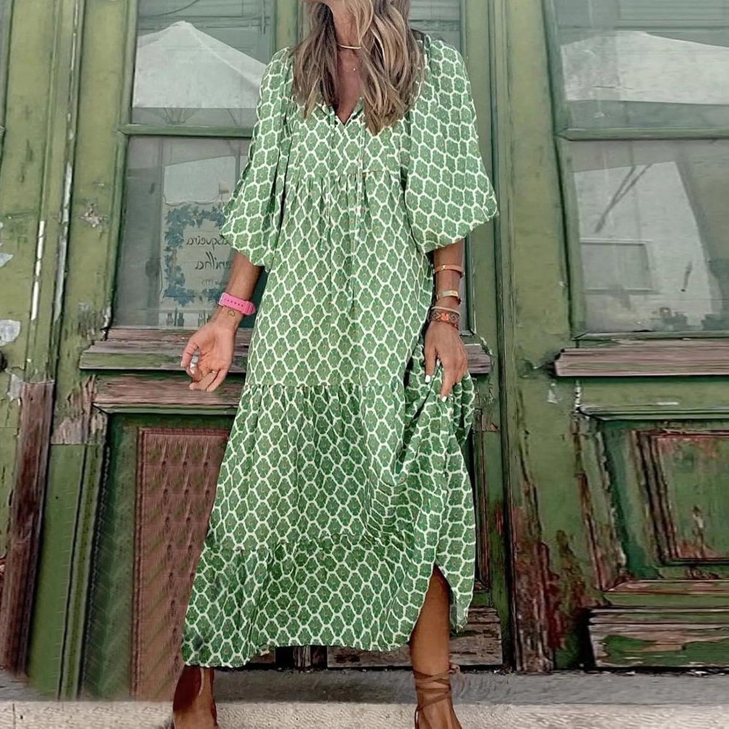 Summer Dresses for Women 2024 Vacation Printted Plus Size Puff Sleeve Dresses Loose fit v Neck Ankle Length Dresses