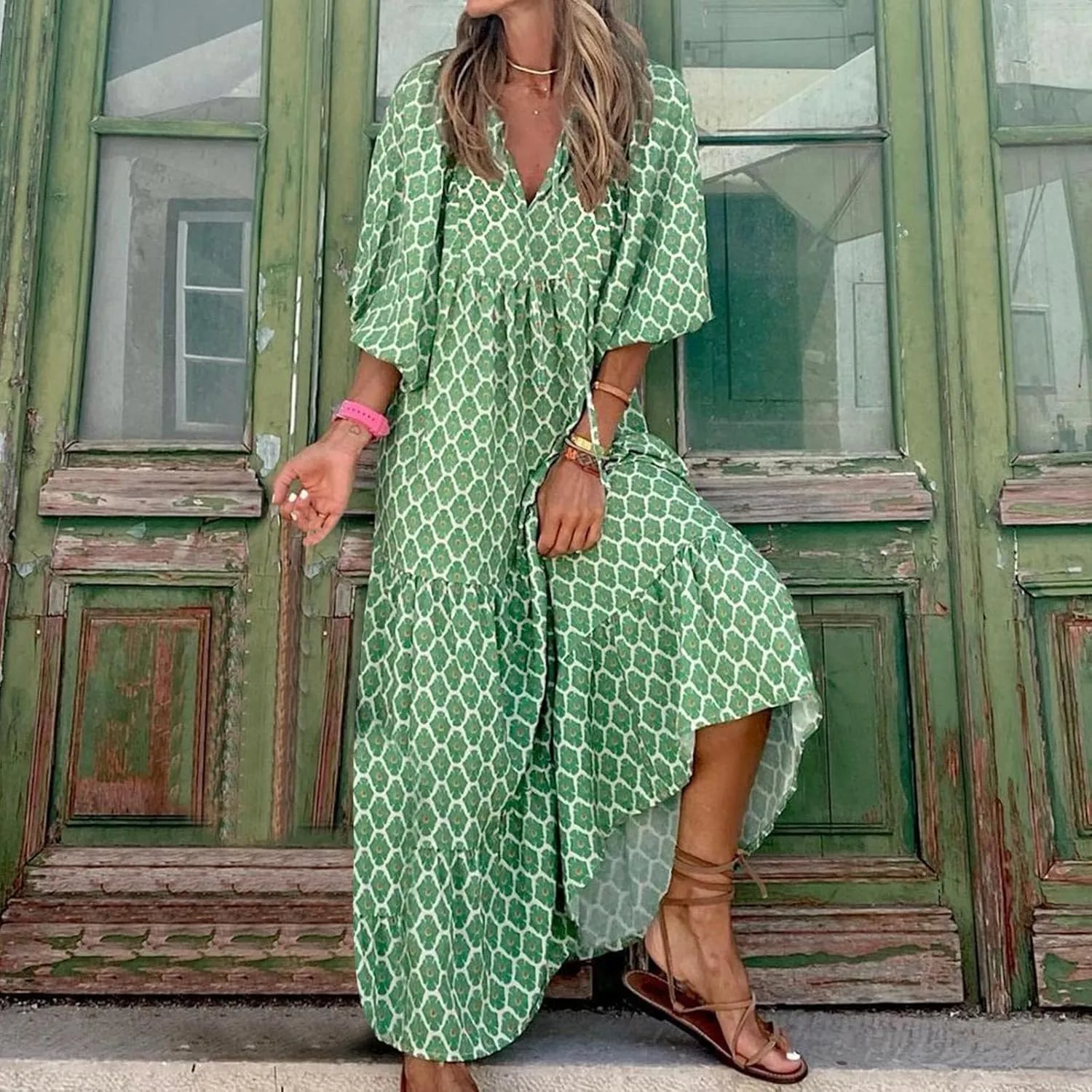 Summer Dresses for Women 2024 Vacation Printted Plus Size Puff Sleeve Dresses Loose fit v Neck Ankle Length Dresses