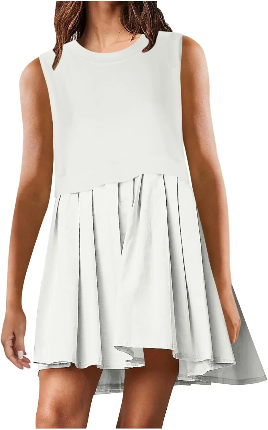 Summer Dresses for Women 2025 Casual Crew Neck Sleeveless Tank Mini Dress Color Block Ruffle Flowy Sundresses