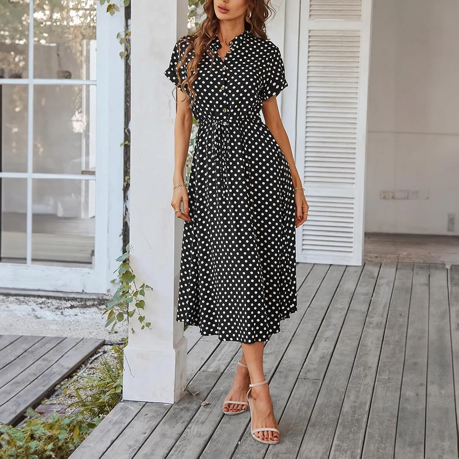 Summer Dresses for Women 2025 Casual Loose Trendy Short Sleeve V-Neck Boho Polka Dot Print Beach Maxi Dress, S-2XL